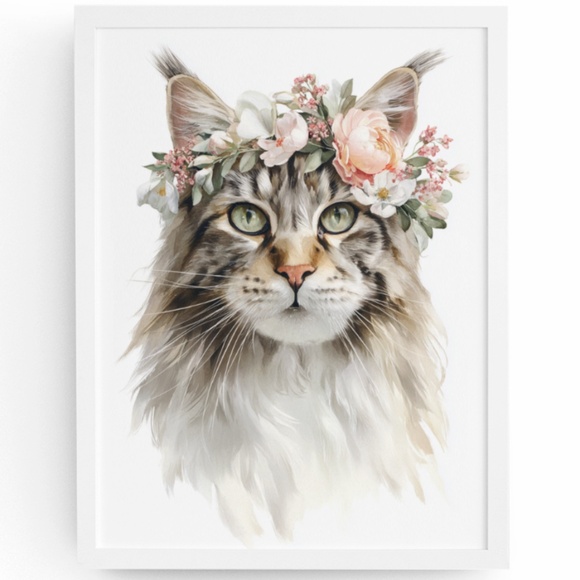 Watercolor Maine Coon Cat with Flower Crown Wall Art Print Unframed - Picture 1 of 6